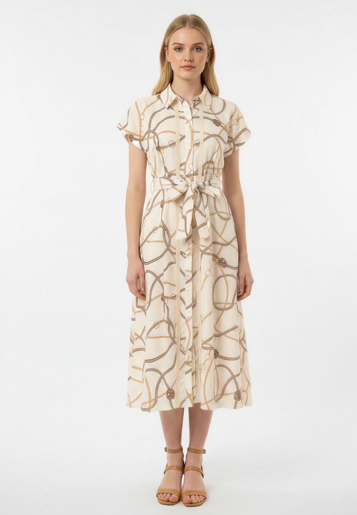 Evelyne Bridle Print Tie Waist Button Down Midi Dress (Beige)