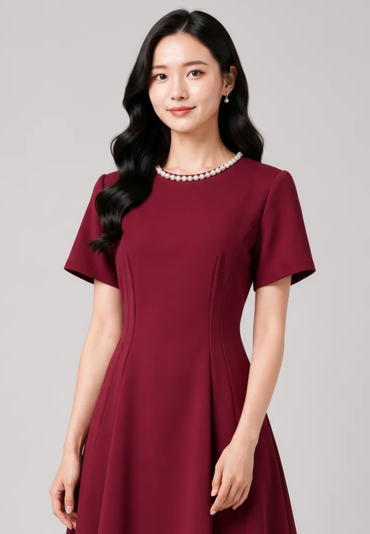 Audrey Pearl Beaded Neckline Fit and Flare Dress (Burgundy)