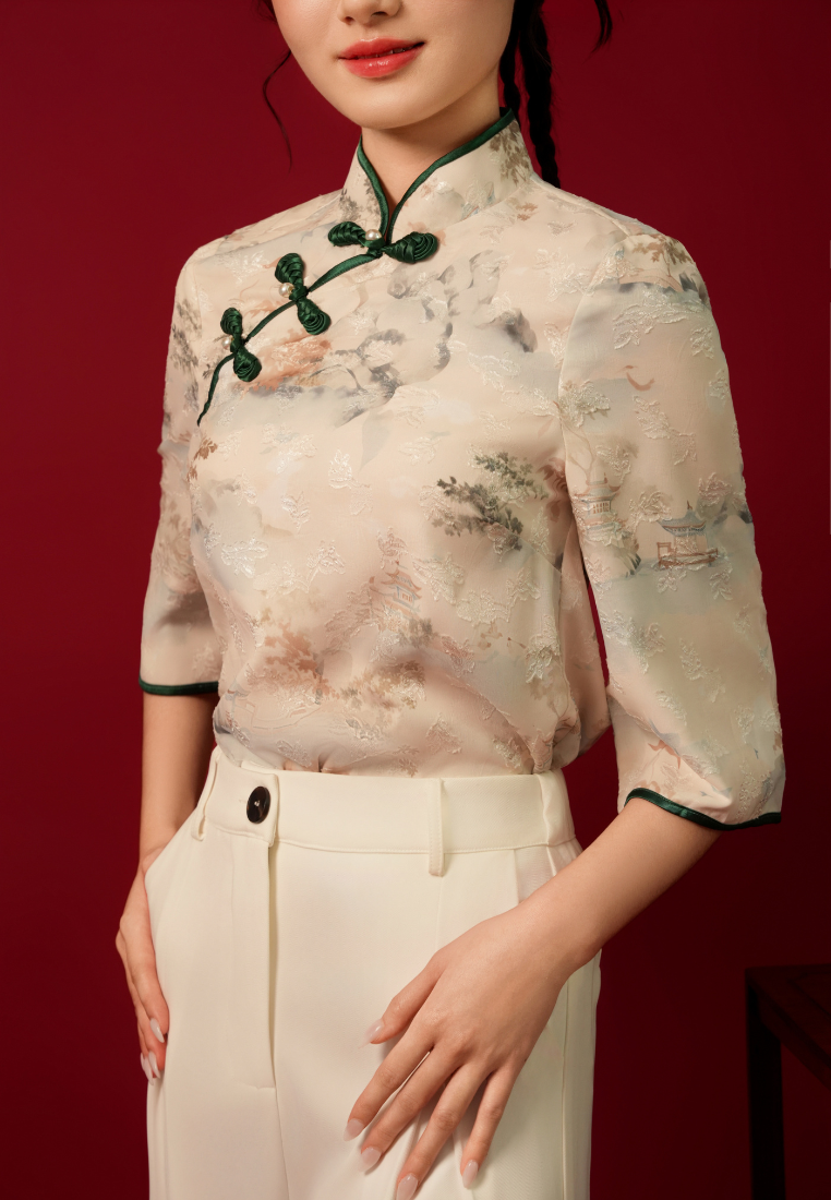 Qing Bai Satin Mandarin Collar Cheongsam Top (Beige)