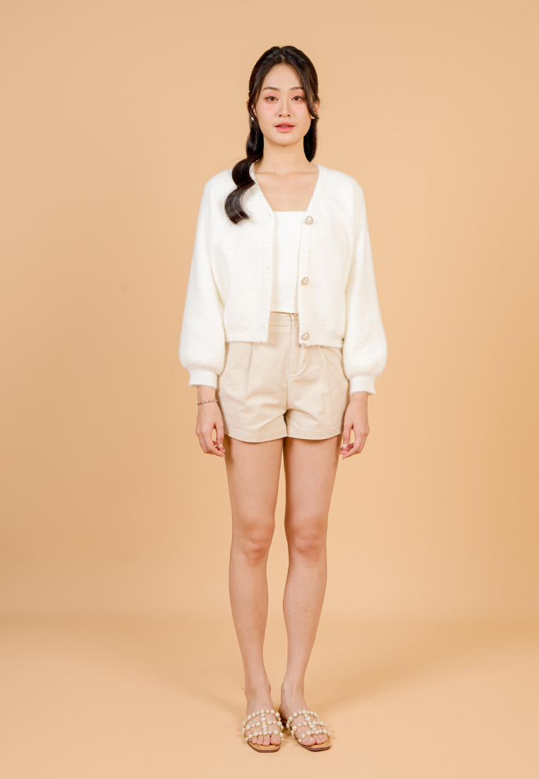 Delora Fuzzy Cardigan With Heart Pearl Buttons (White)