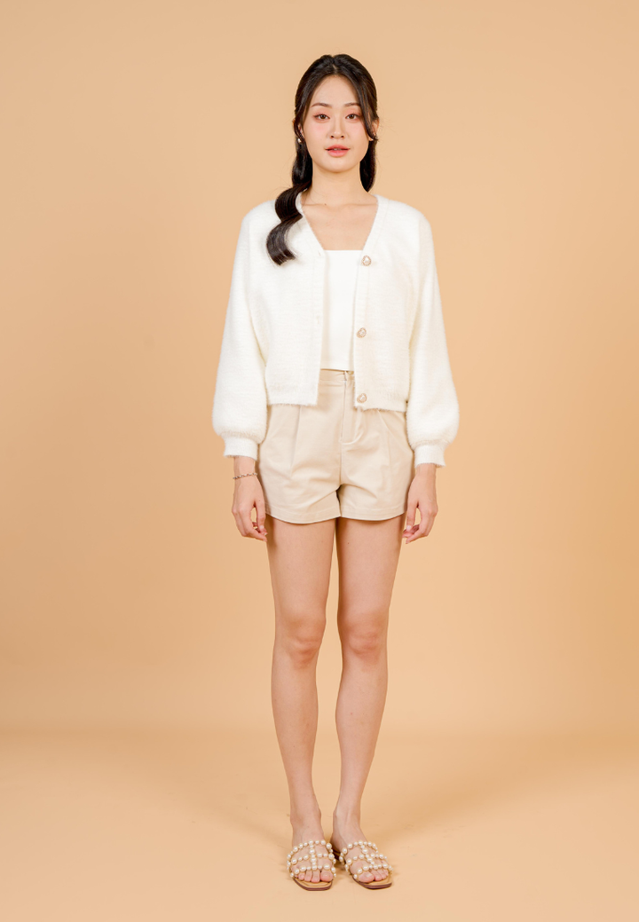 Delora Fuzzy Cardigan With Heart Pearl Buttons (White)