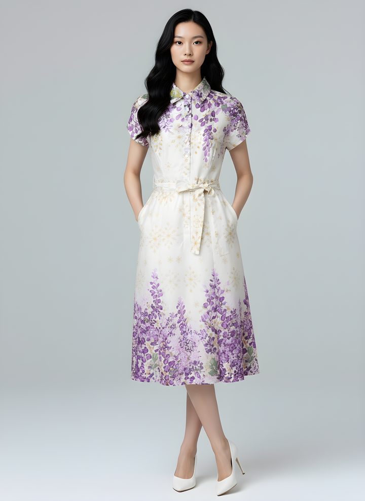Camellia Cotton Eyelet Floral Prints Button Down A-line Collared Dress (Purple)