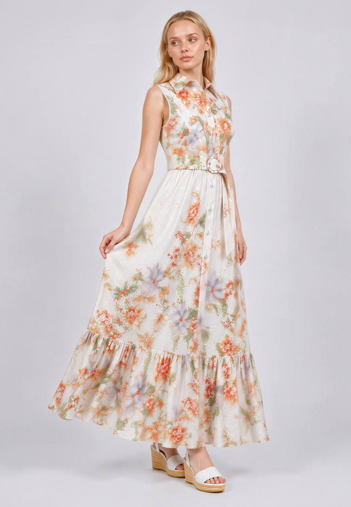 Love Knot Clementine white floral maxi dress, side view showing tiered hem and full length