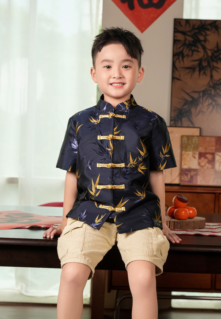 Little Xiu Zhu Bamboo Elements Boy Samfu Short Sleeves Top (Navy Blue)