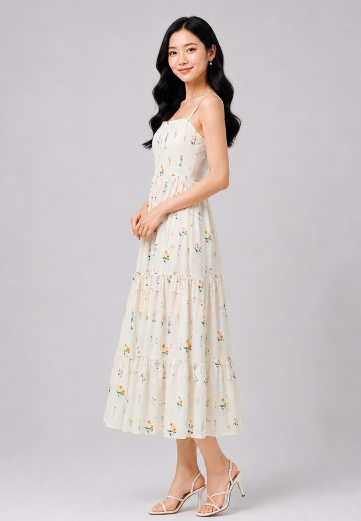 Cassia Floral Print Tiered Sleeveless Dress (Beige)