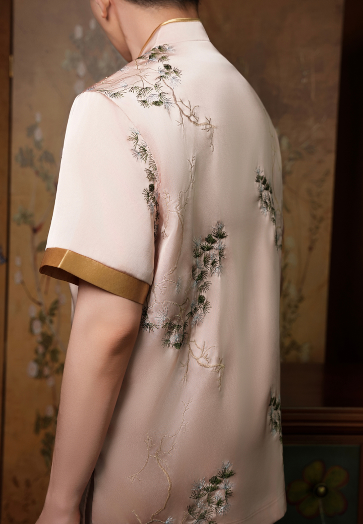 Jing Men’s Bonsai Embroidery Samfu Top (Pink)