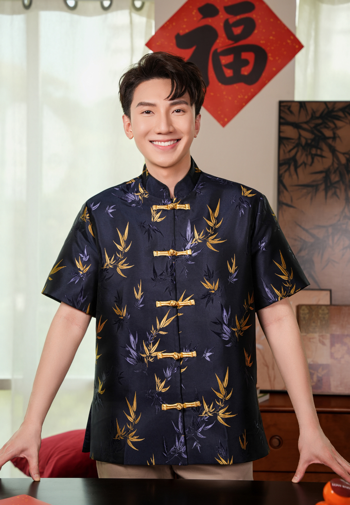 Huang Men’s Bamboo Jacquard Samfu Top (Navy Blue)