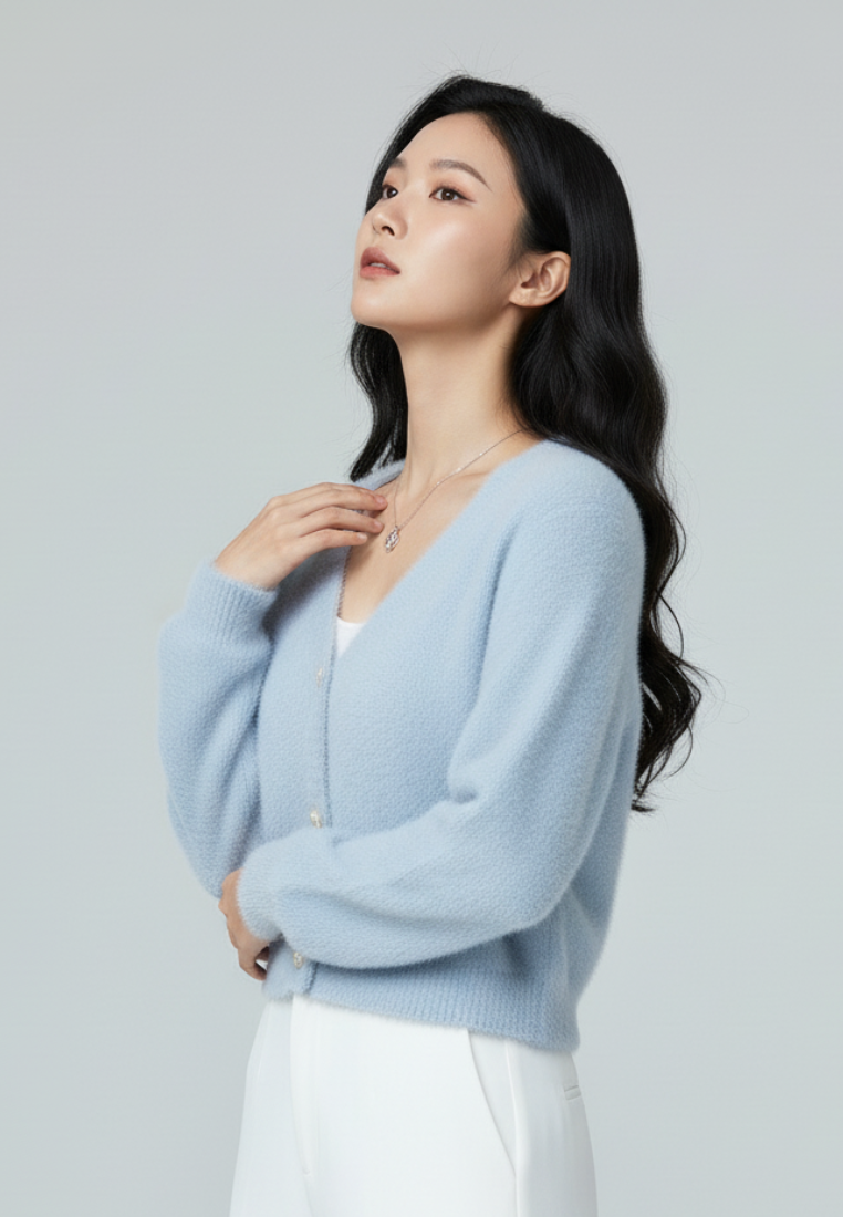 Delora Fuzzy Cardigan With Heart Pearl Buttons (Blue)