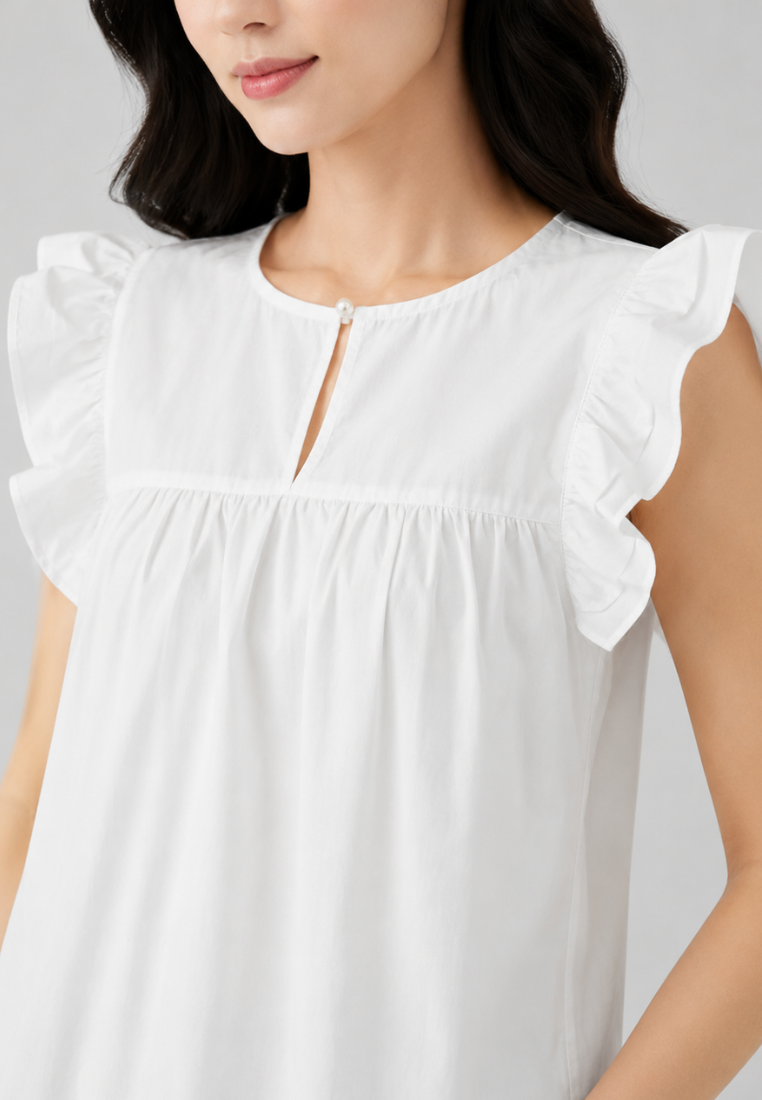 Thalia Cotton Embroidered Hem with Ruffle Sleeve Blouse Top (White)