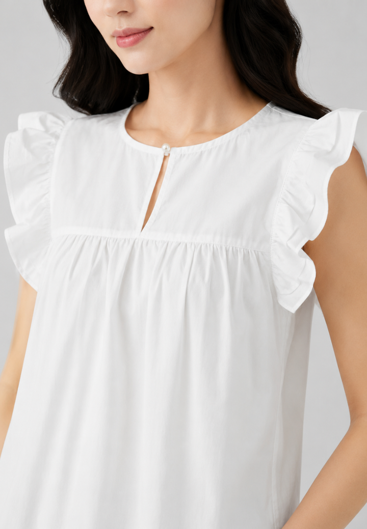 Thalia Cotton Embroidered Hem with Ruffle Sleeve Blouse Top (White)