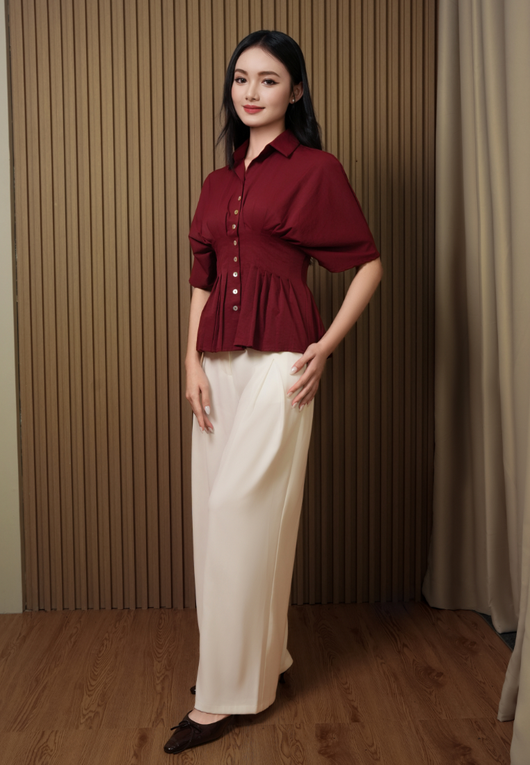 Clarissa Clinched Waist Pleated Collared Button Down Top (Burgundy)