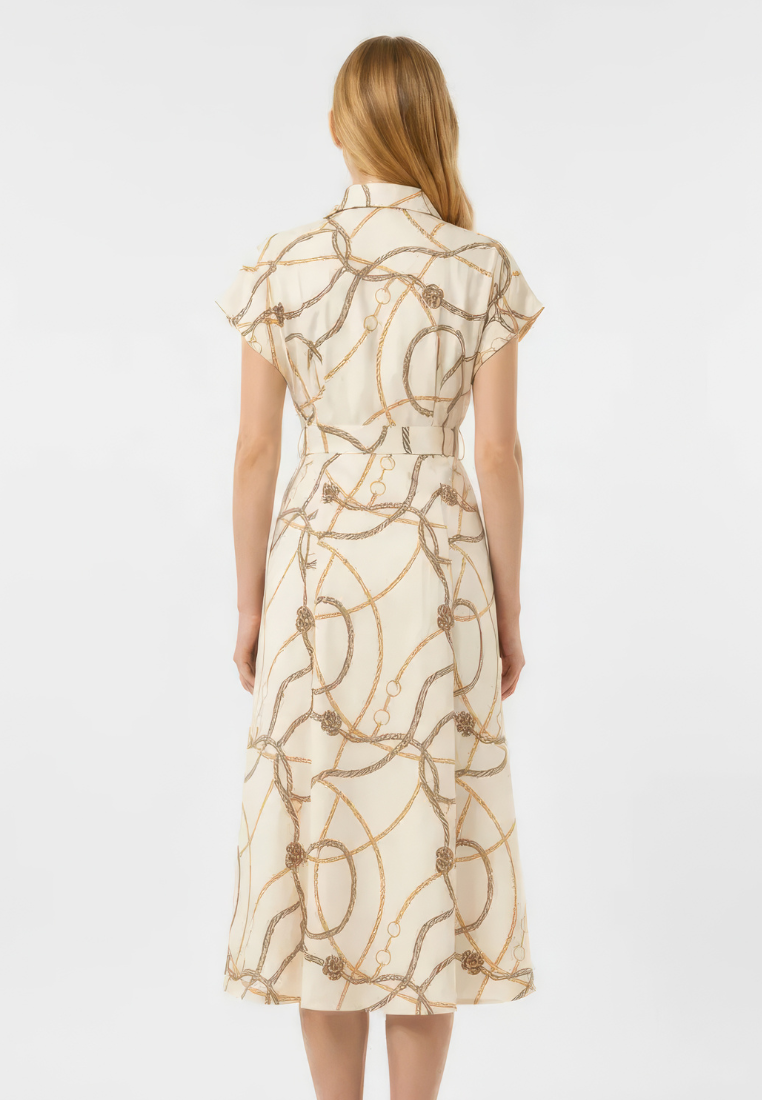 Evelyne Bridle Print Tie Waist Button Down Midi Dress (Beige)