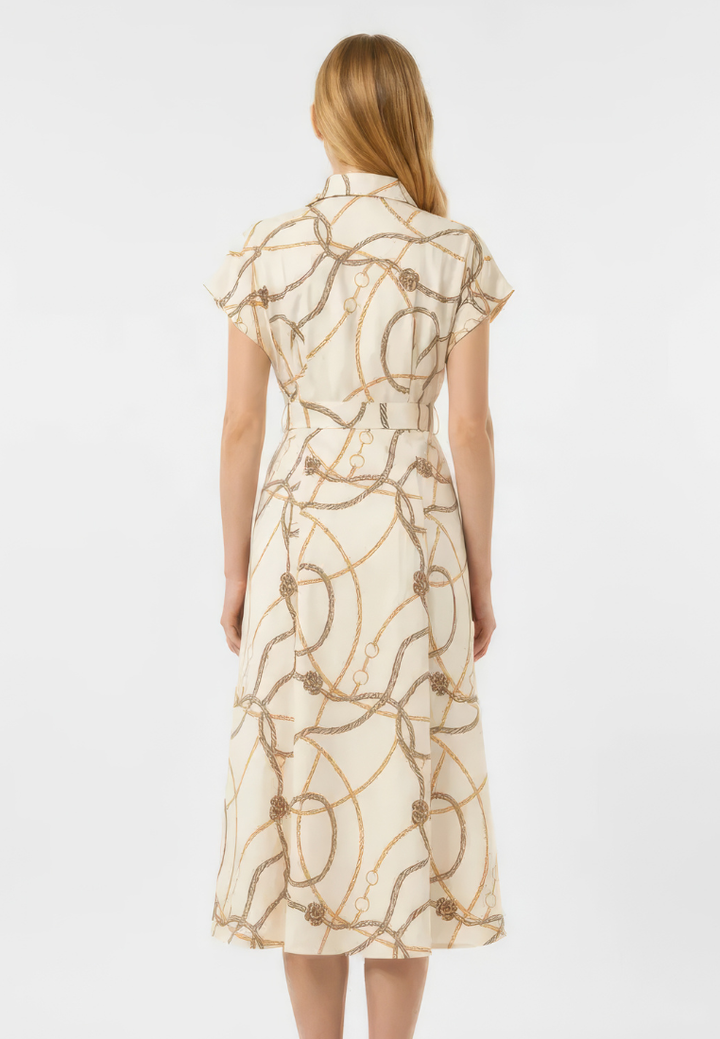 Evelyne Bridle Print Tie Waist Button Down Midi Dress (Beige)