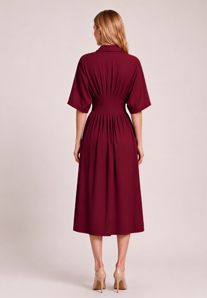 Melissa Pleated Cinched Waist Midi Dress (Burgundy)
