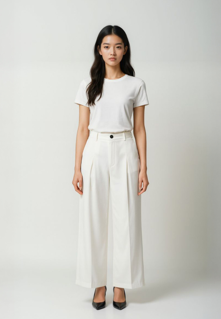 Eika Front Pleats Plaid High Waisted Wide Leg Pants (White)