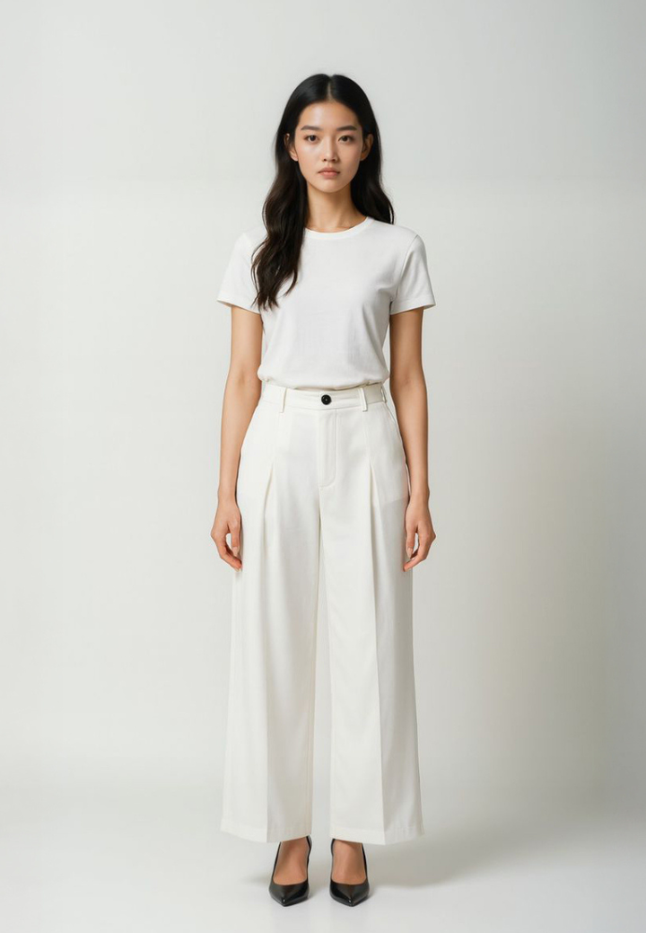 Eika Front Pleats Plaid High Waisted Wide Leg Pants (White)