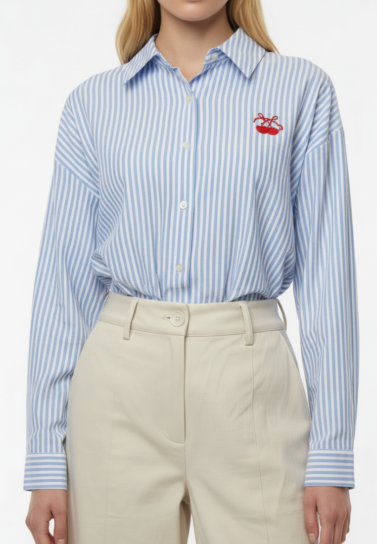 Catherine Striped Cherry Ribbon Shirt (Blue)