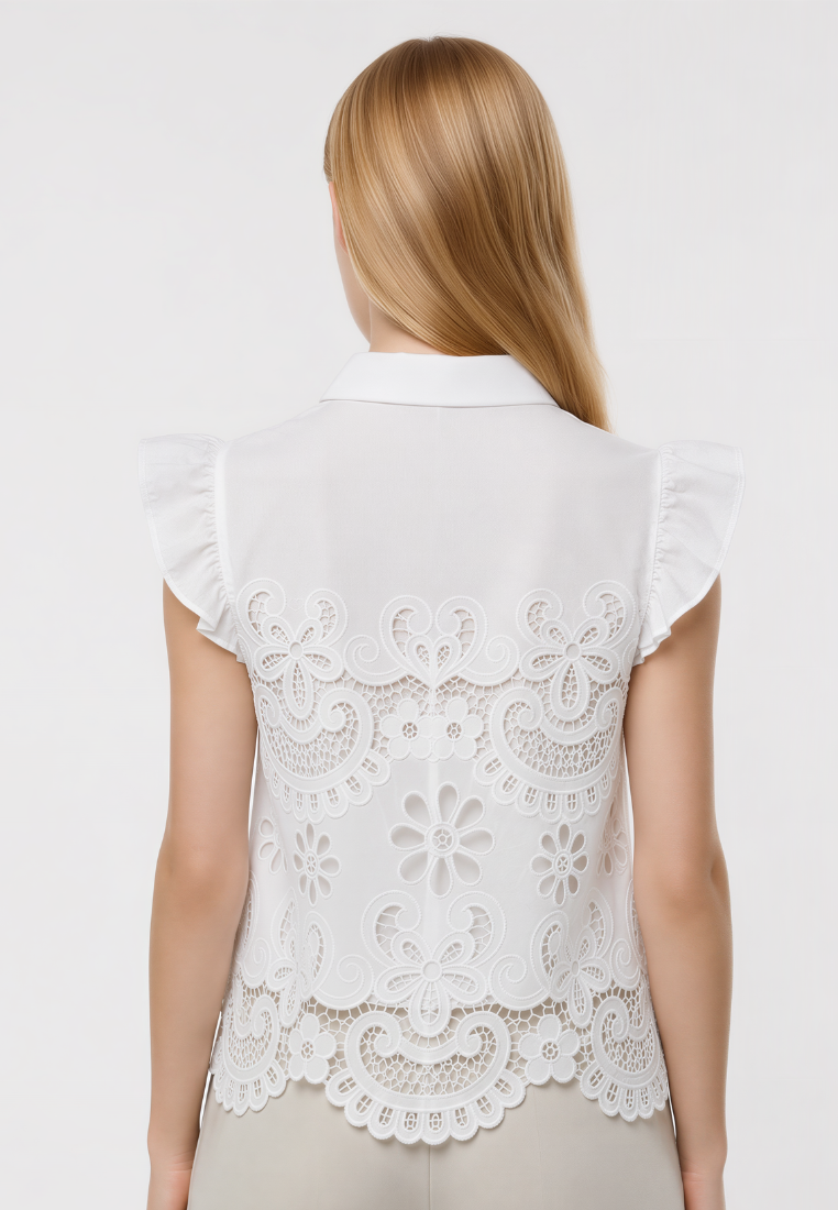 Mia Guipure Lace Ruffle Sleeve Blouse Top (White)
