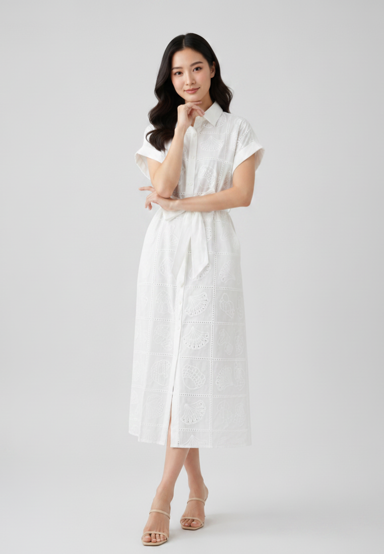 Cora Seashell Cotton Eyelet Tie Waist Midi Dress (White)