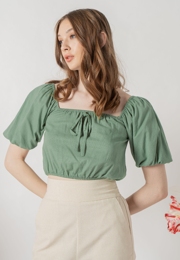 Lucie Square Neck Ruched Puff Sleeves Top (Green)