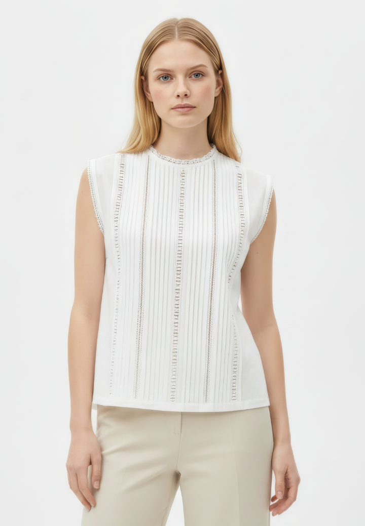 Claire Pintuck Lace Trim Sleeveless Blouse Top (White)