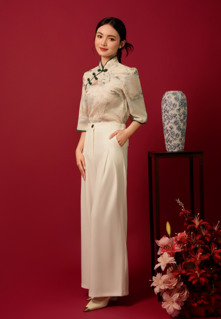 Qing Bai Satin Mandarin Collar Cheongsam Top (Beige)