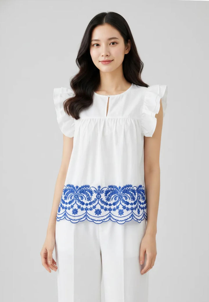 Thalia Cotton Embroidered Hem with Ruffle Sleeve Blouse Top (White)