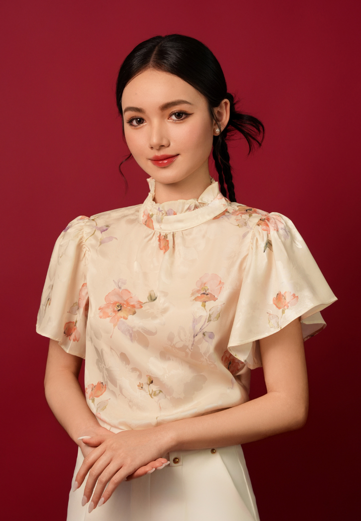 Violetta Ruffle High Neck Silky Floral Top (Yellow)