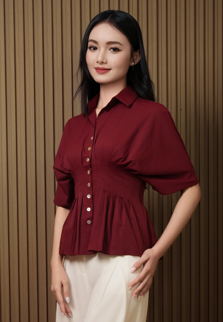 Clarissa Clinched Waist Pleated Collared Button Down Top (Burgundy)