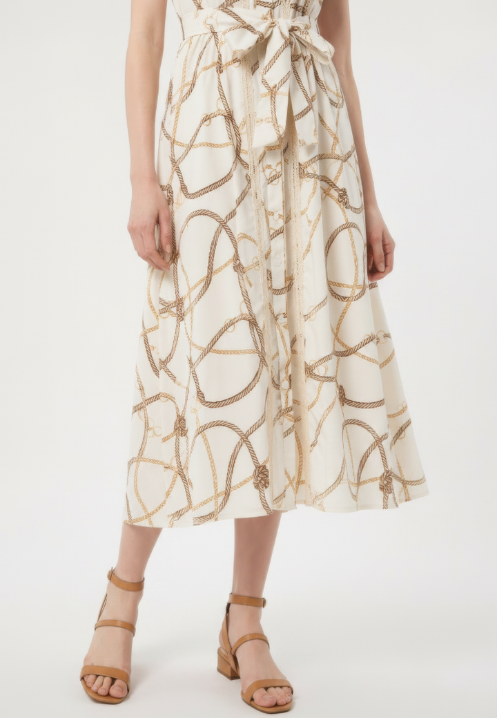 Evelyne Bridle Print Tie Waist Button Down Midi Dress (Beige)