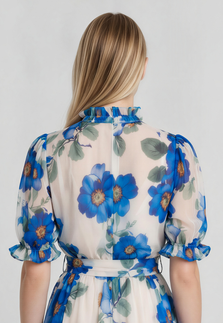 Elena Floral Chiffon Ruffle Collar Tiered Hem Dress (Blue)