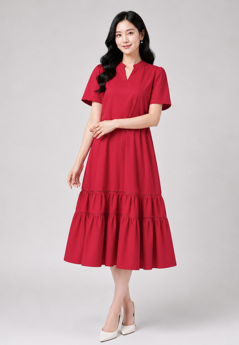 Adelina Ruffle Hem Midi Dress (Pink)