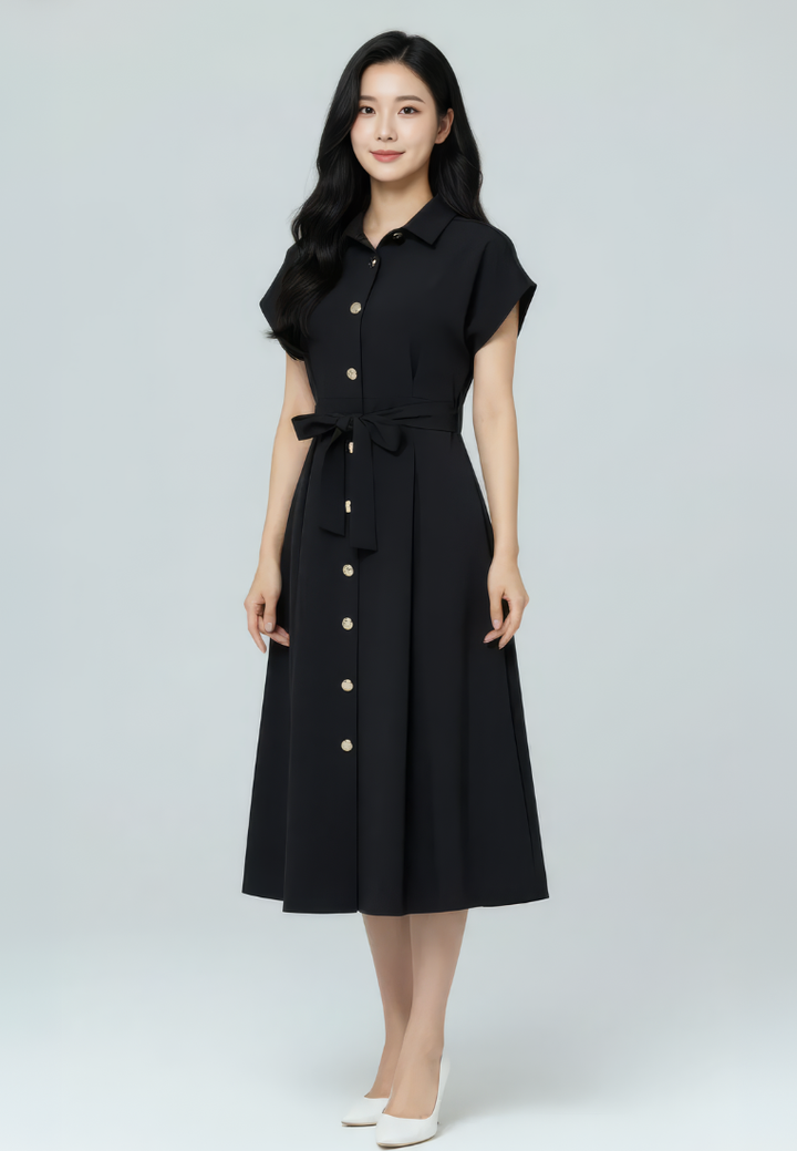 Dewi Collar Button Down Dress (Black)