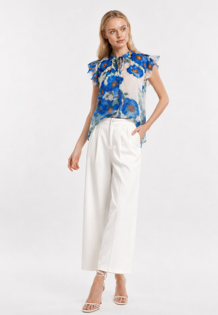 Thea Floral Ruffle Sleeve Tie Neck Blouse Top (Blue)