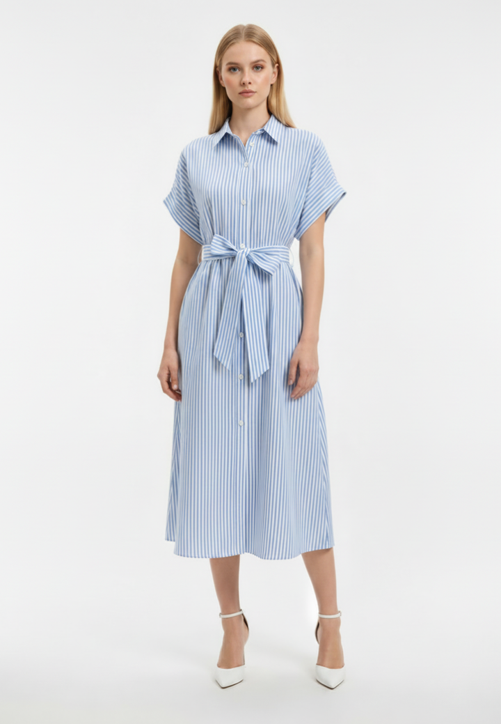 Diana Striped Tie Waist Button Down Midi Dress (Blue)