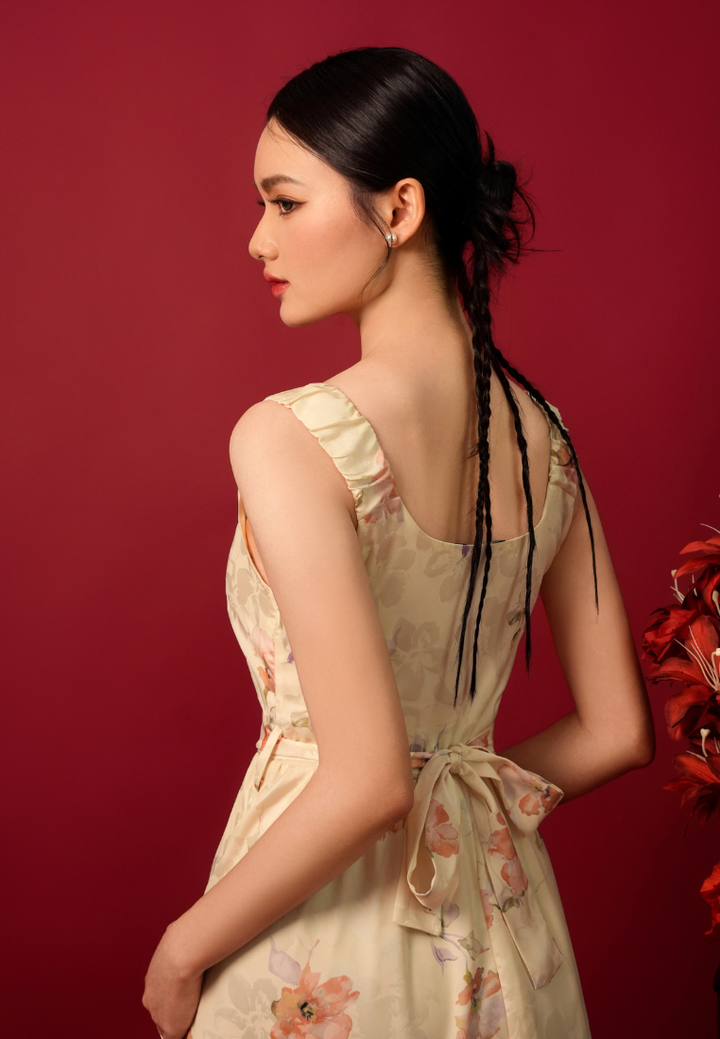 Violetine Straps Floral Midi Dress (Yellow)