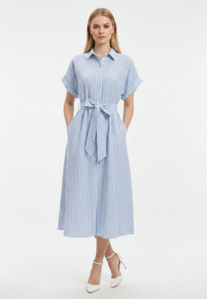 Diana Striped Tie Waist Button Down Midi Dress (Blue)