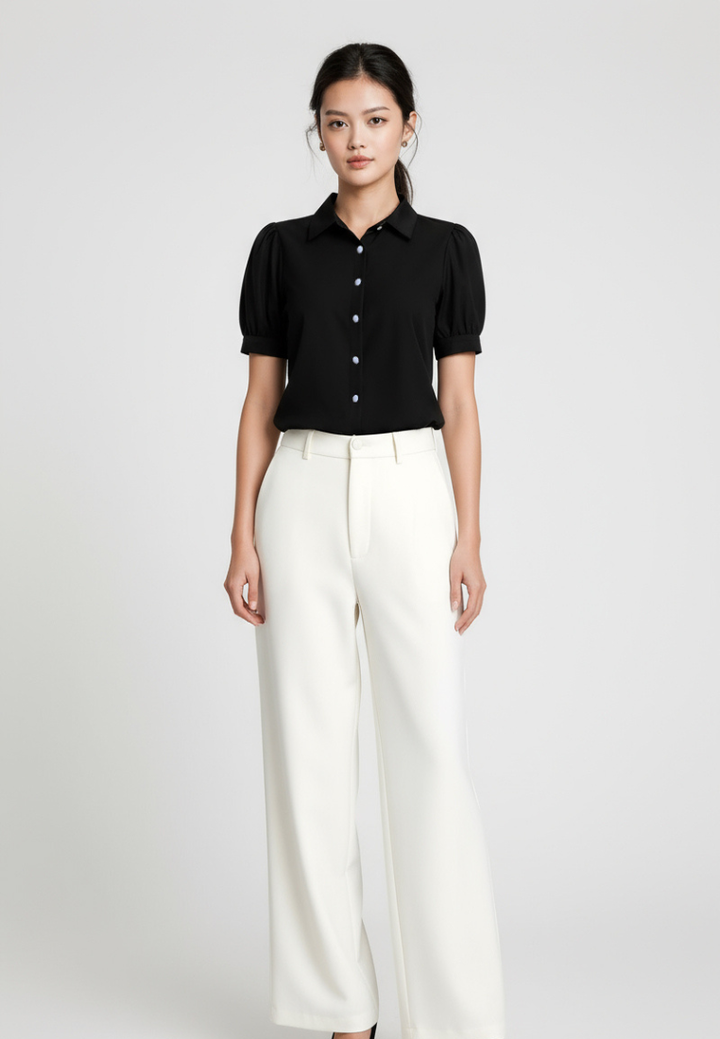 Mira Puff Sleeve Cropped Shirt Top (Black)
