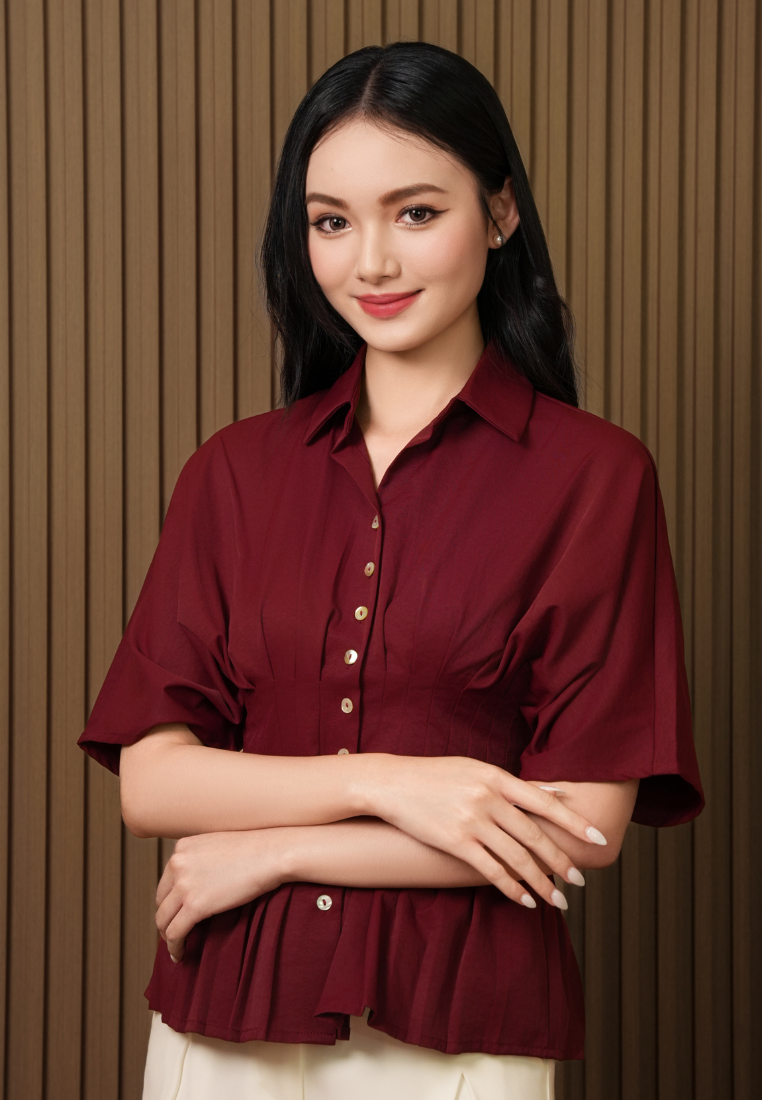 Clarissa Clinched Waist Pleated Collared Button Down Top (Burgundy)