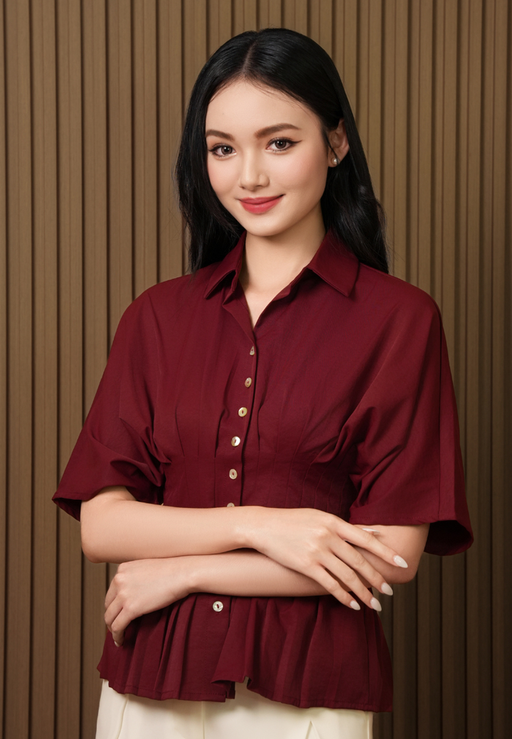 Clarissa Clinched Waist Pleated Collared Button Down Top (Burgundy)