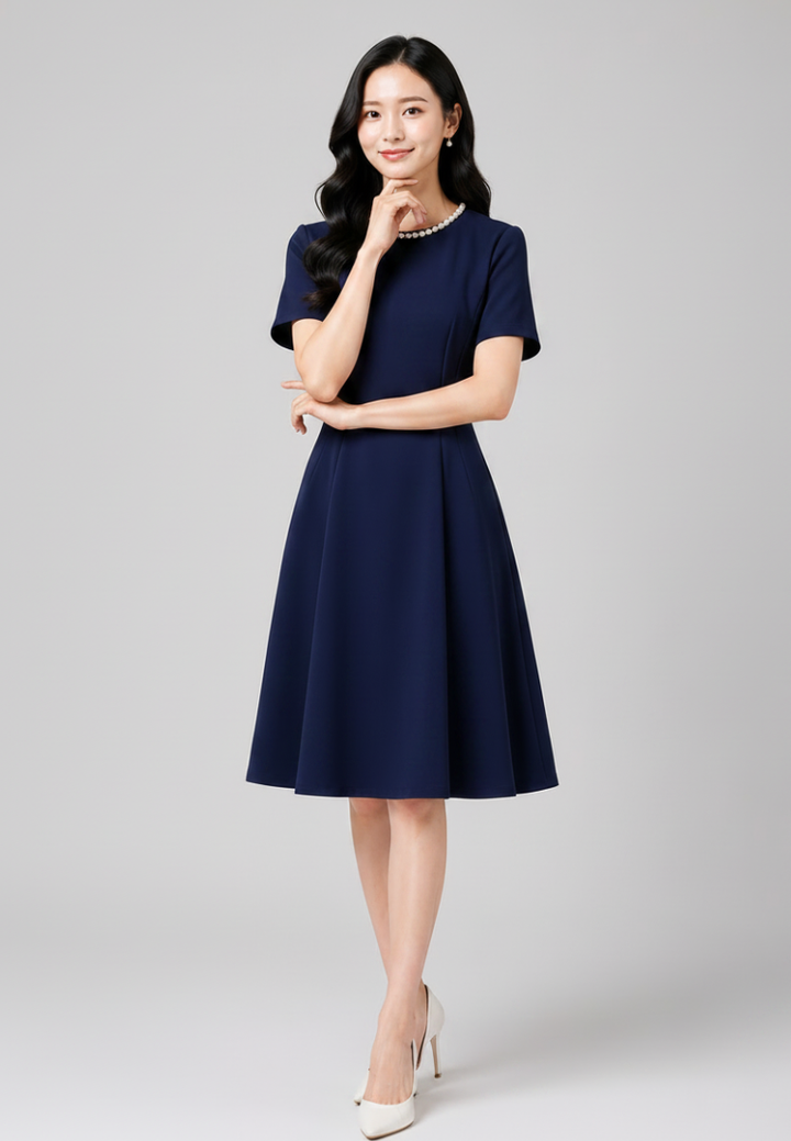 Audrey Pearl Beaded Neckline Fit and Flare Dress (Navy)