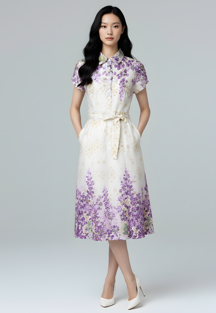 Camellia Cotton Eyelet Floral Prints Button Down A-line Collared Dress (Purple)