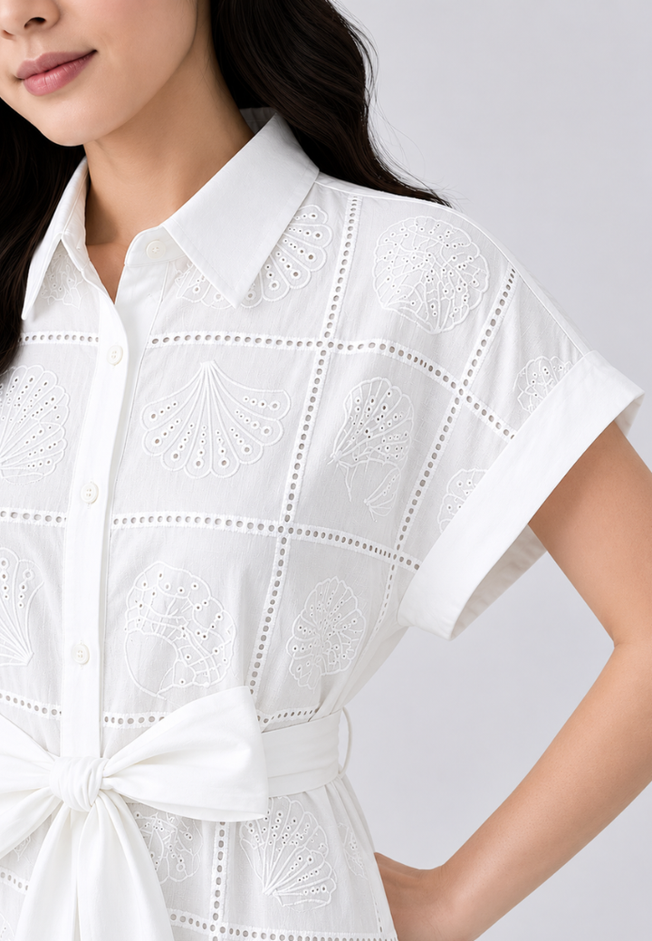 Cora Seashell Cotton Eyelet Tie Waist Midi Dress (White)