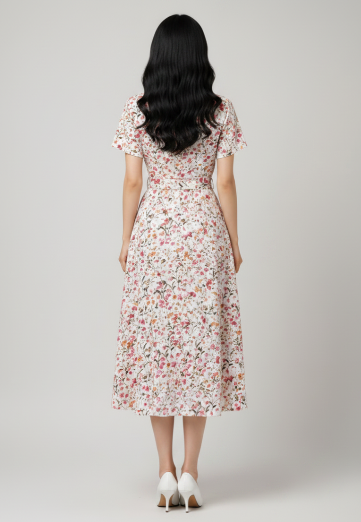 Marguerite Floral Mandarin Collar With Tie Waist Midi Dress (Beige)