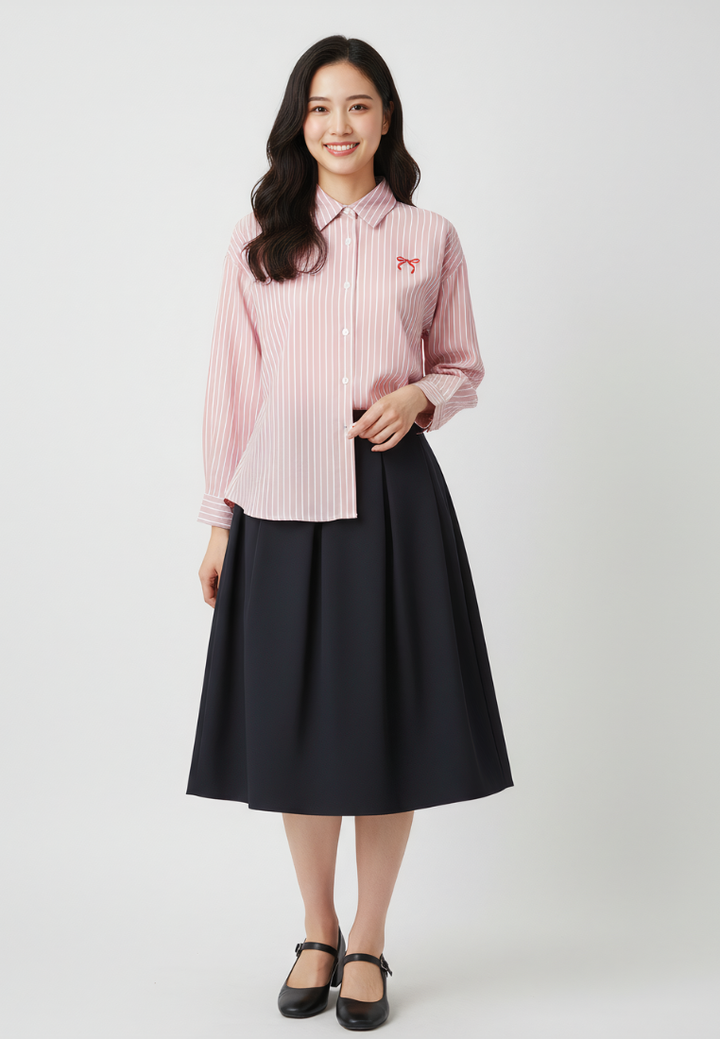 Victoria Striped Ribbon Shirt (Pink)
