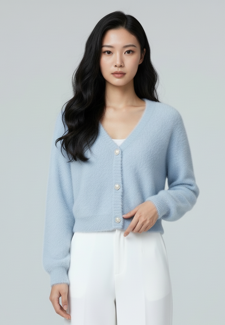 Delora Fuzzy Cardigan With Heart Pearl Buttons (Blue)