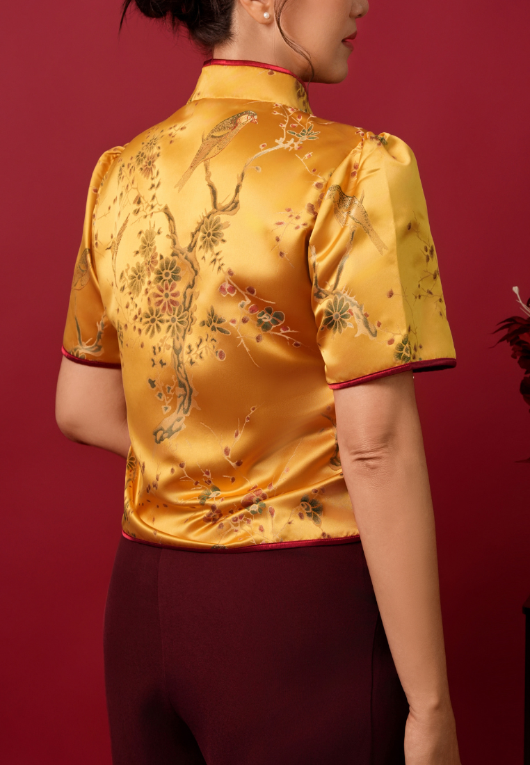 Jin Cai Jacquard Asymmetrical Cheongsam Top (Yellow)