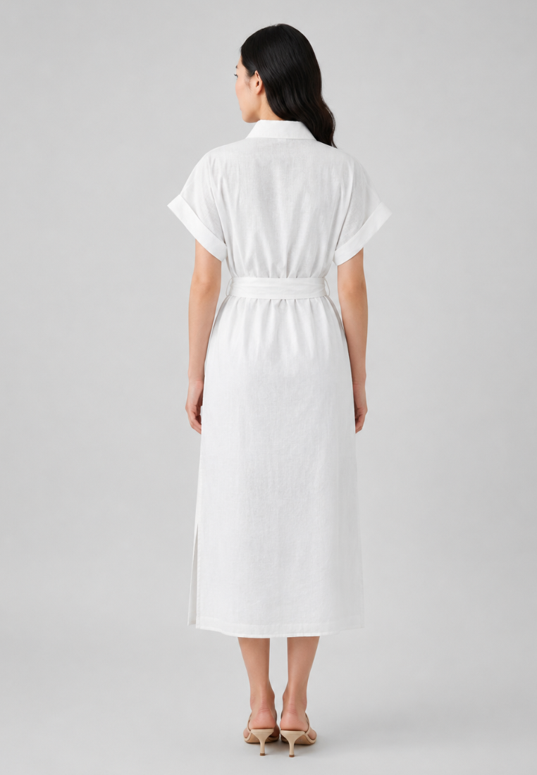 Cora Seashell Cotton Eyelet Tie Waist Midi Dress (White)