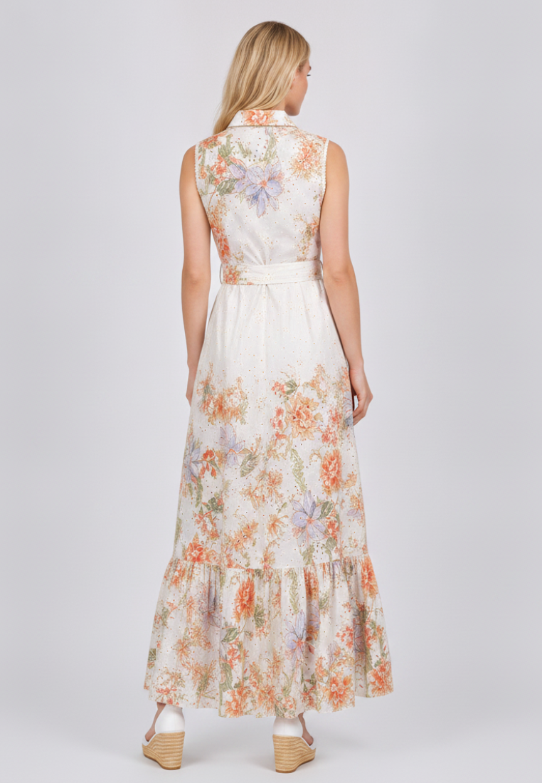 Woman wearing Love Knot Clementine floral maxi dress back view styled for resort or daytime