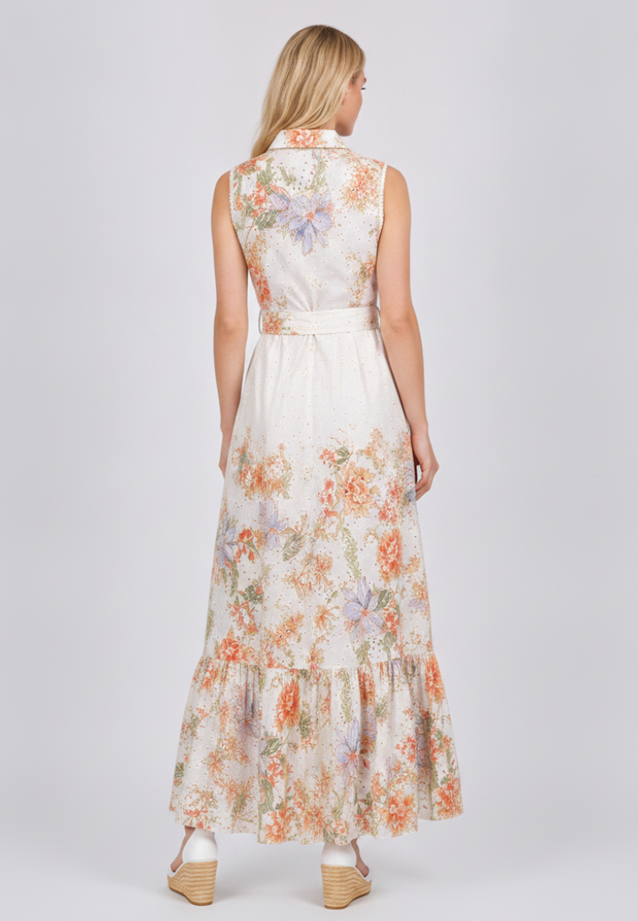 Woman wearing Love Knot Clementine floral maxi dress back view styled for resort or daytime